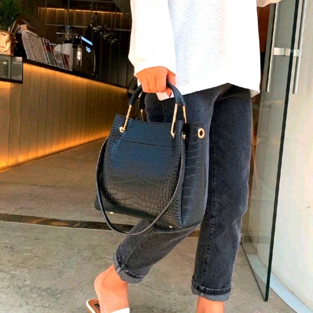 Crocodile Embossed Double Handle Square Bag